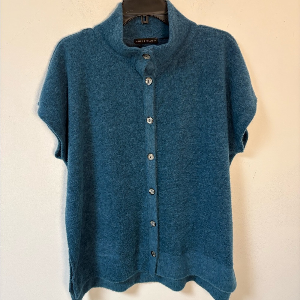 Nally & Millie Teal Button-Front Short Sleeve Cardigan Sweater XL New